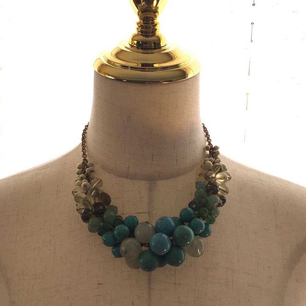 Cluster Bead Statement Necklace in Teal and Cream